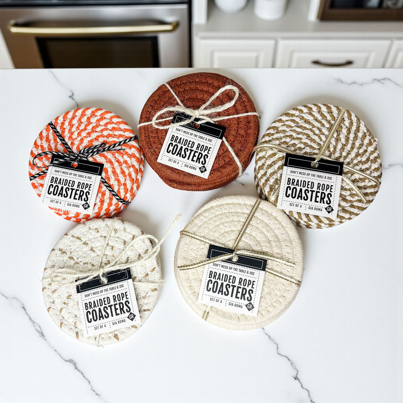set of 4 neutral fabric drink coasters perfect for Thanksgiving hostess gift
fall gift-ready coasters braided cotton rope with decorative packaging